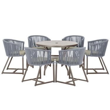 Imagem de Mesa com 6 Cadeiras de Jantar Roma 120cm e Noronha em Alumínio Marrom Corda Náutica Estofado 8 Trama Original