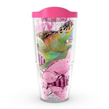 Imagem de Tervis Copo isolado Guy Harvey Tartarugas conscientização do câncer de mama com envoltório e tampa de viagem fúcsia, 680 g, transparente