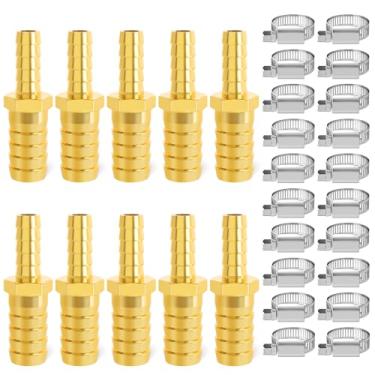 Imagem de Taisher 10 peças de encaixes de mangueira de latão, mangueira de farpa de 9,5 mm a 1/4 polegada, redução de farpa, emendador de emenda, combustível de água de ar união com 20 peças de braçadeira de mangueira