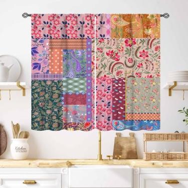 Imagem de Cortinas florais de patchwork, design de emenda de flores silvestres boho retrô estilo paisley, tratamentos de janela para meninas, quarto, sala de estar, cozinha, cortinas 69,8 cm L x 99 cm C