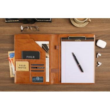 Imagem de DUKE&COW Pasta de Portfólio - Pasta de Arquivo Personalizada Pasta Compacta de Couro Gravada Pasta de Portfólio Porta-Bloco de Notas, Pasta Ideal para Homens - Marrom