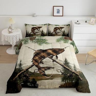 Imagem de Feelyou Conjunto de cama de peixe, para meninas, meninos, crianças, Queen, para pesca e caça, decoração de quarto, peixe, lúcio, cabana, gancho, búfalo, xadrez, verde, preto, 3 peças, macio