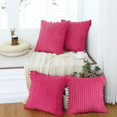 Imagem de Oirpro Capas de almofada rosa choque outono verão 40,6 x 40,6 cm conjunto de 4 capas de almofada de veludo cotelê macio moderno com pompons decorativos para sofá-cama, sofá sala de estar