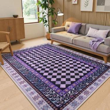 Imagem de Wonnitar Tapetes de área laváveis quadriculados 12 x 18 cm, tapetes de treliça roxa antiderrapante para sala de estar, tapete xadrez moderno macio para quarto de crianças, quarto de bebê, decoração de