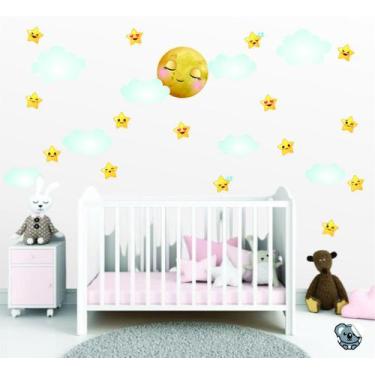 Imagem de Adesivo De Parede Infantil Lua Estrelas Nuvens Rostinhos - Colakoala A