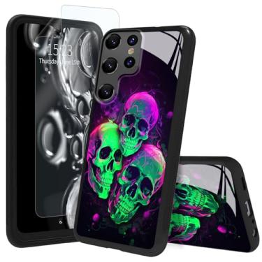 Imagem de ACWDMKH Capa para Samsung Galaxy S24 Ultra com protetor de tela e traseira de vidro temperado e amortecedor de TPU à prova de choque, resistente a arranhões para Samsung S24 Ultra, caveira roxa verde