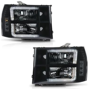 Imagem de PIT66 Faróis de LED DRL, compatíveis com GMC Sierra 1500 2007-2013/Fit Sierra 2500HD 3500HD 2007-2014 (não serve para Sierra Classic 2007) Lente fumê refletor transparente preto