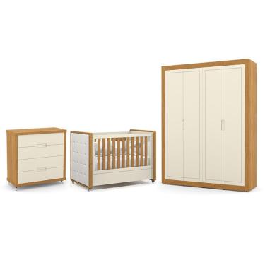 Imagem de Dormitório Tutto New 4 Portas, Cômoda 4 Gavetas e Berço com Capitonê - Matic Móveis Off White/Freijó