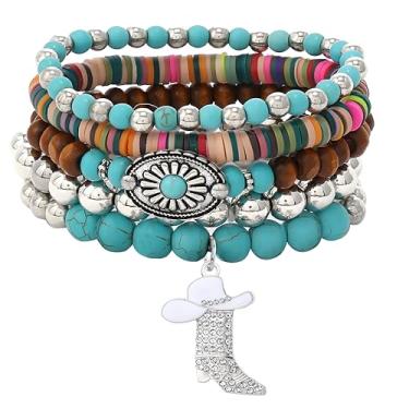 Imagem de WCRAZYE Pulseiras femininas Western Cowgirl feitas à mão turquesa cabeça de boi botas de vaca com contas empilháveis pulseiras elásticas joias boêmias presentes, Medium, Vidro Vidro Turquesa Cordão