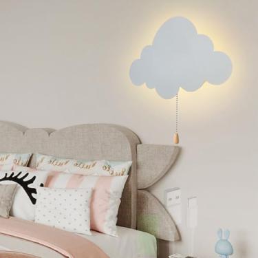 Imagem de GZZBMY Luminária de parede LED moderna em forma de nuvem com interruptor de cabo de puxar lâmpada de parede de metal operada por bateria recarregável por USB arandela de parede infantil presentes