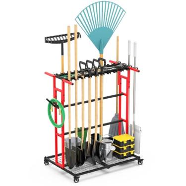Imagem de CCCEI Organização de garagem com rodas, carrinho organizador de ferramentas para galpão de jardim ao ar livre, armazenamento doméstico para suprimentos de limpeza, suporte de vassoura, para pá e