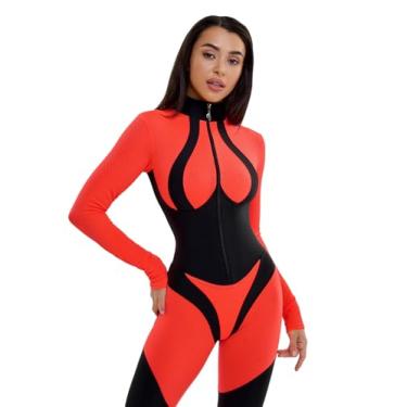 Imagem de Bona Fide Macacões de treino de uma peça para mulheres – Macacão atlético com controle de barriga e levantamento de bumbum para ioga, academia, Mistress Orange Neon, G