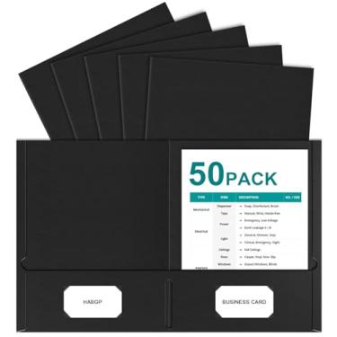 Imagem de HABGP 50 pastas pretas com bolsos, pasta de papel resistente com dois bolsos com suporte para cartão de visita para escola, escritório, currículo de negócios