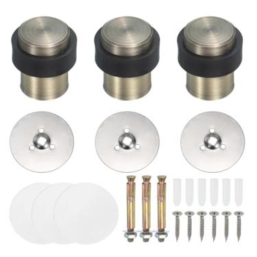 Imagem de PATIKIL 3 conjuntos de batentes de porta redondos, 46 mm batente de porta de aço inoxidável cunha cilindro de metal autoadesivo com parafuso para parte inferior do piso da porta interna, bronze