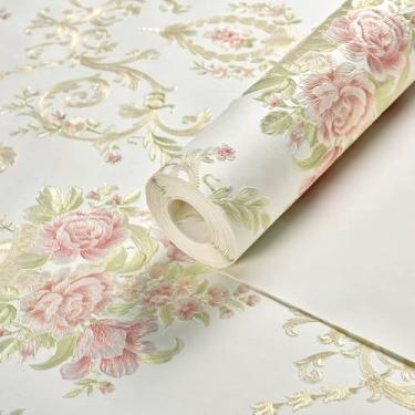 Imagem de Papel de parede vintage floral 3D em relevo colorido flor de damasco rústico papel de parede decoração autoadesivo para quarto branco 52,8 cm x 500,4 cm
