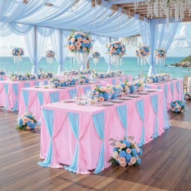 Imagem de Besutolife Toalha de mesa de tule rosa azul para mesas retangulares 3 lados para festa de aniversário de casamento, chá de bebê, bolo, sobremesa, buffet, banquete, decorações de mesa, 1,2 m, pacote
