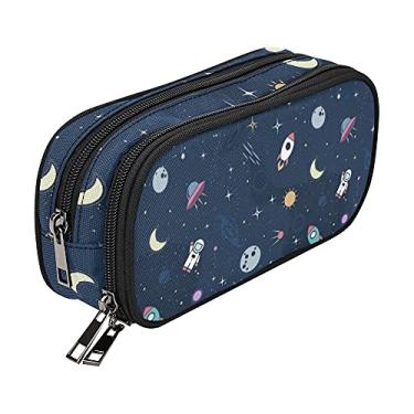 Imagem de Estojo azul de grande capacidade, bonito foguete Origin's Space Pencil para meninos e meninas, acessório escolar infantil bolsa com zíper, bolsa para canetas para adultos, mulheres, organizadores de escritório, caixa de marcadores de lona macia
