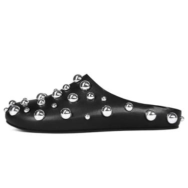 Imagem de CAGLGLZ Pantufas planas femininas brilhantes metálicas, fechadas, bico redondo, de couro, sem costas, confortável, tamanco, sapatos modernos, casuais, Preto, 39