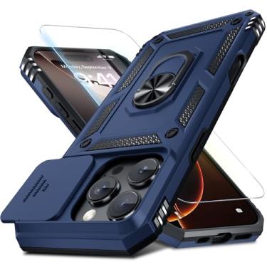 Imagem de Janmitta Capa para iPhone 16 Pro Max embutida para lente de câmera deslizante + protetor de tela, capa de celular resistente à prova de choque com suporte de anel de dedo, azul