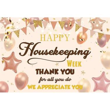 Imagem de Baocicco 2,1 x 1,5 m Happy Housekeeping Week Backdrop Photography Pink Banner Balloons Thank You Do We Appreciate You Photo Background for Housekeepers Custodian Celebration Decor Props Video