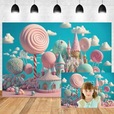 Imagem de 1,5 x 0,9 m 3D Candy Land Pano de fundo para fotografia de castelo de doces encantado pirulito doce conto de fadas rosa doce menina princesa 1º aniversário decoração para crianças adultos retrato