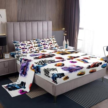 Imagem de Jogo de lençol casal com fórmula de carro de corrida de esportes radicais com bandeira quadriculada para adolescentes e meninos, 4 peças (elástico + plano + 2 fronhas)