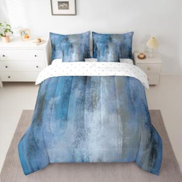 Imagem de jejeloiu Conjunto de edredom azul grunge ombré com lençol de 7 peças, solteiro, aquarela ombré, grunge, abstrato, em uma bolsa, hippie, pintura a óleo, decoração de quarto