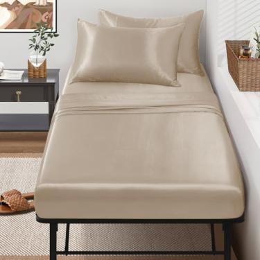 Imagem de SiinvdaBZX Jogo de lençol de berço de 4 peças 78,7 cm x 190,5 cm, bege acetinado, beliche para cama de solteiro estreito/camas de hóspedes/berços militares/colchão de três dobras