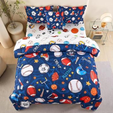 Imagem de ASKOTU Jogo de cama esportivo com 4 peças, para meninos, solteiro, basquete, beisebol, futebol, futebol
