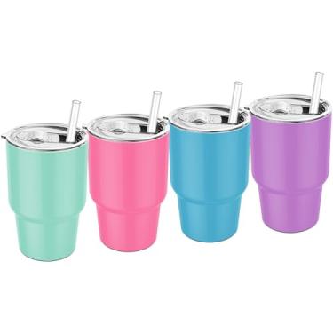 Imagem de Gosuny Mini copos de 184 g com tampas deslizantes e canudos - Pacote com 4 minicopos atualizados com canudo parede dupla vácuo aço inoxidável pequeno isolado empilhável copo à prova de vazamento