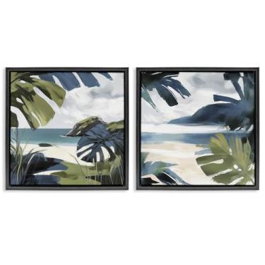 Imagem de Stupell Industries Conjunto de tela flutuante com moldura preta de 2 peças Tropical Vibes Beach Scenes por Elara Yasna, 63 x 63 cm