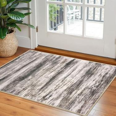 Imagem de KOZYFLY Tapete de área pequena 2x3 tapetes de entrada moderno abstrato, lavável tapete de cozinha antiderrapante macio, preto marrom listrado tapetes de entrada impressão abstrata tapete de lã