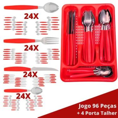 Imagem de Faqueiro Aço Inox 96 Pçs C/ 4 Porta Talheres Berlim Vermelho - EM CASA
