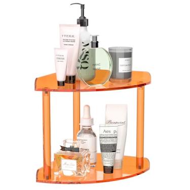 Imagem de Sezanrpt Prateleira organizadora de canto de bancada de 2 camadas, 17 x 19 x 20 cm, prateleira de canto de banheiro de acrílico laranja para bancada, armazenamento de vaidade para cuidados com a pele