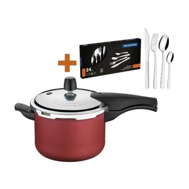 Imagem de Kit - Panela De Pressão 4,5 Vancouver Vermelha + 1 Faqueiro Inox 24pç - Tramontina