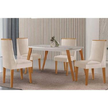 Imagem de Conjunto Sala de Jantar Havana c/ Tampo Madeirado c/ Vidro Canto Curvo 120x80cm e 4 Cadeiras Dakota Madeira Maciça Naturale/Off White - Capuccino/Sued