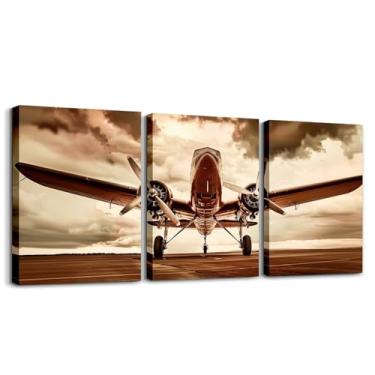 Imagem de Conjunto de 3 arte de parede em tela de aeronave 3D, arte de parede de tela de pista de avião, arte de casa, decoração de parede de avião moderno para crianças, meninos, sala de jogos, decoração de