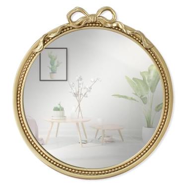 Imagem de BITALYE Espelho redondo decorativo pequeno com arco dourado de 40 cm, espelho circular suspenso com moldura de metal, montado na parede para entrada, banheiro, penteadeira, sala de estar
