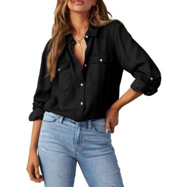 Imagem de Camisa feminina Astylish, jeans, trabalho, manga comprida, decote em V