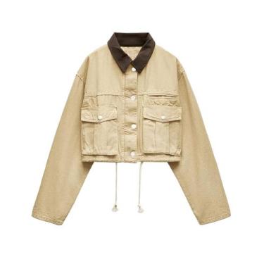 Imagem de Casaco utilitário feminino Megfie com gola contrastante cáqui