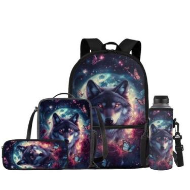 Imagem de Mochila JEOCODY Wolf para meninas e meninos School 44x28x13cm 4 em 1