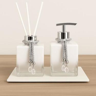 Imagem de Kit De Banheiro Lavabo Luxo Cubo De Vidro Difusor + Sabonete + Bandeja