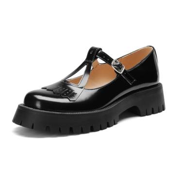 Imagem de Amazing Cosy Sapato feminino grosso Mary Jane, plataforma salto baixo Oxford tornozelo tira em T fivela sola, bonito elegante casual trabalho, Preto, 36