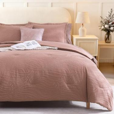 Imagem de Geniospin Conjunto de edredom Queen – Conjunto de cama queen texturizado rosa empoeirado com edredom, lençóis, fronhas e fronhas, roupa de cama rosa empoeirado para todas as estações