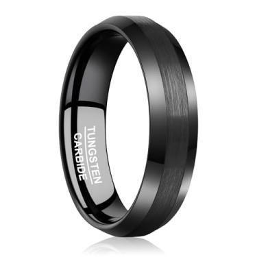 Imagem de NUNCAD Anel de tungstênio clássico masculino prata/ouro/preto 6 mm, acabamento escovado, bordas chanfradas aprimoradas polidas, ajuste confortável, tamanho 7-12, 8, Carboneto de tungstênio, Sem pedra