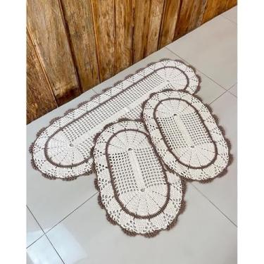 Imagem de Kit Tapete e Passadeira Cozinha Oval 3 Pçs Leque Com Listra (Café com leite)