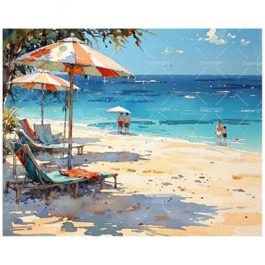 Imagem de Kit de pintura à beira-mar por números para adultos – DIY relaxante cadeiras de praia e guarda-chuvas pintura em tela 40,6 x 50,8 cm, conjunto de tinta acrílica, adequado para iniciantes, arte