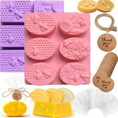 Imagem de ZRLABL Kit de fabricação de sabonete de abelha com 2 moldes de silicone, 48 sacos, 48 etiquetas de presente, barbante de juta de 20 metros – conjunto de artesanato para sabonetes artesanais