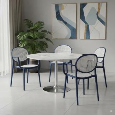 Imagem de Cadeiras De Palha Sintética Empilhaveis Design Moderno Com e Sem Braço - 04un (Com Braço, Azul/Branco)