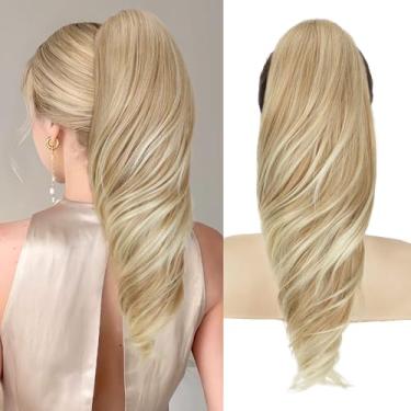 Imagem de Lommel Extensão de rabo de cavalo de 45,7 cm, extensão de rabo de cavalo, loiro escuro a loiro claro, ondulado, cacheado, prendedor de garra em extensões de cabelo de rabo de cavalo, peruca sintética